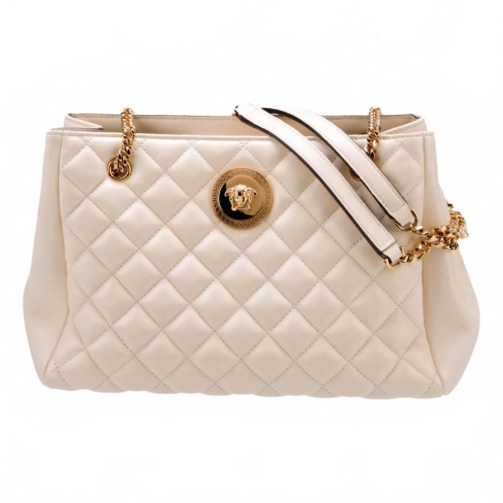 Versace Cream Quilted Leather Tote with Gold Hardware